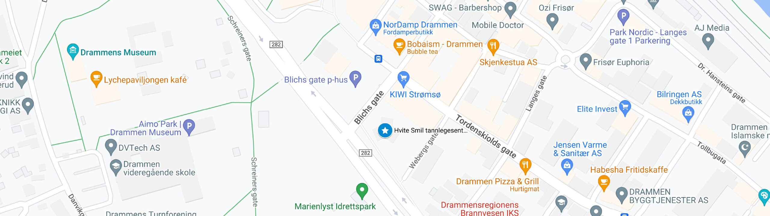 Kart som viser Hvite Smil AS sin plassering i Drammen.
